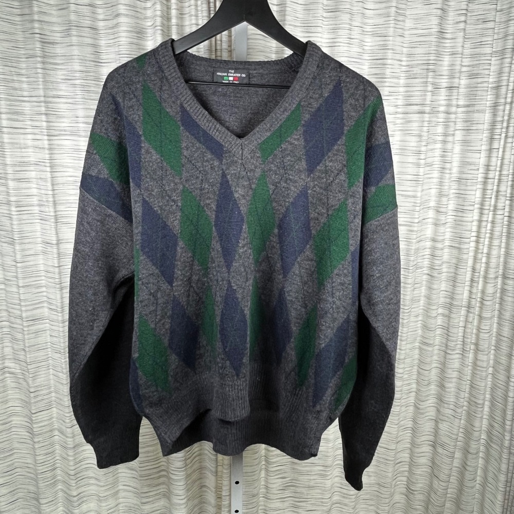 The Italian Sweater Co Mens Argyle V-Neck‎ Sweater Grey Green Made in Italy